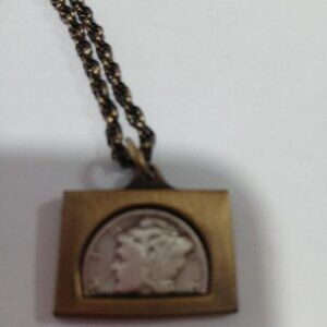 Lady Liberty Dime Pendant antiqued 18kt yellow gold silver half coin chain NEW
